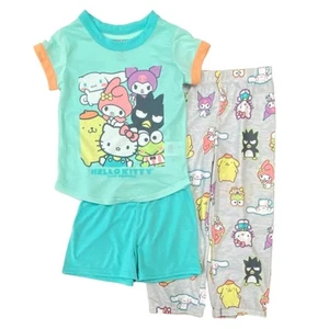 Girls Hello Kitty 3 PC Pajamas Set Orange Green Shirt Pants & Shorts Pjs 4 - Picture 1 of 1