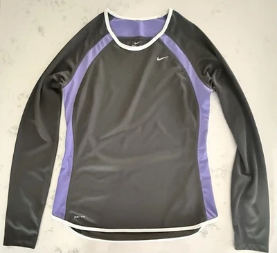 Nike - Camiseta de running Dri-FIT de manga larga para mujer - Gris/Púrpura - Talla pequeña Foto 1 de 4