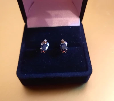 Estate 14K Yellow Gold Blue Sapphire & Diamond Earrings - Image 1 of 4