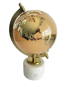 NWT Glass Globe On Marble Alabaster  Stand Mirrored Gold Continents 9.5” H - Picture 1 of 24