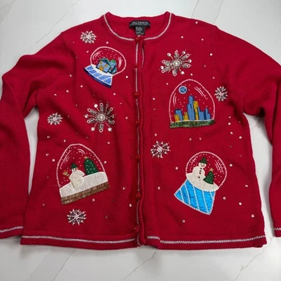 Все точки Рождество снега глобусы кардиган свитер женщин M красный бисером блестки - Изображение 1 из 4
