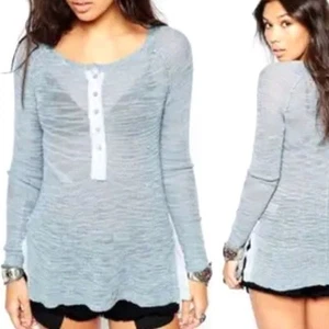 Free People Storm Blue Mountain Song Henley Long Sleeve Knit Sweater Size L - Picture 1 of 9