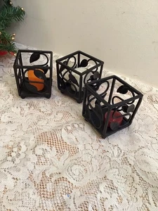 3 Metal Candle Holders W Leaf Design - 3.25” Square - Tea Light - Home Decor - Picture 1 of 6