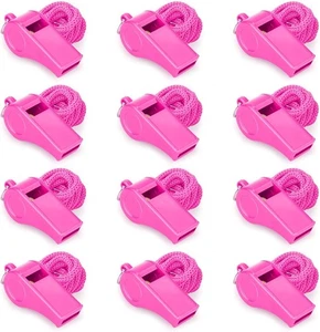 Paquete de 12 silbatos de plástico rosa fuerte 120dB con cordón - seguridad aguda - Imagen 1 de 7