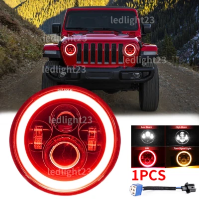 7" Inch Round LED Headlight Red Halo Angle Eyes Fit Jeep Wrangler JK LJ TJ CJ - Image 1 of 4