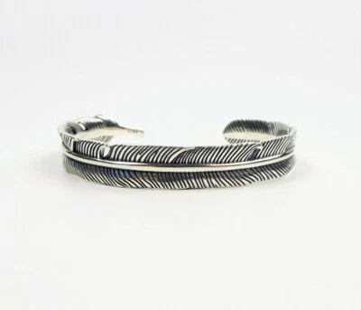 Solid 925 Sterling Silver Feather Slim Cuff Bracelet Unique Fine Details Unisex - Image 1 of 4