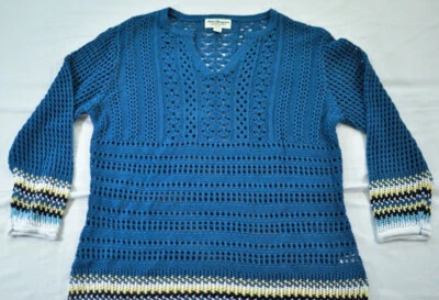 Mujer Norm Thompson Azul Rayas Suéter Talla Mediana Manga 3/4 Ver A Trav Textura Foto 1 de 4