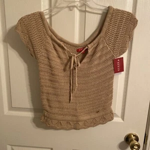 Boho Tan Sweater Cap Sleeves & Scalloped Midriff Hemline By Guess Size Small - Picture 1 of 5