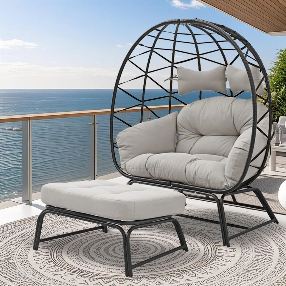 VIXLON Wicker Egg Chair w/ Ottoman Outdoor Indoor Oversized Lounger Stand Chair - Image 1 of 4