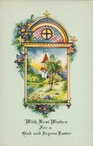 Blauer Hintergrund Goldrand Buntglas Kirche Szene Ostern Postkarte - Bild 1 von 2