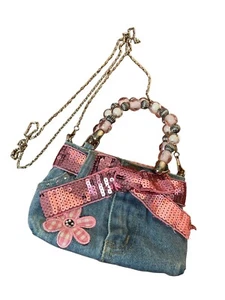 Denim bootie bag Mini Purse Bling Cowgirl Beaded Handle Women Girls - Picture 1 of 14