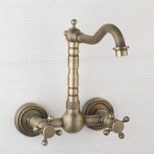 Antique Brass Bathroom Basin Sink Mixer Tap Wall Mounted Dual Handle Faucet - Picture 1 of 7