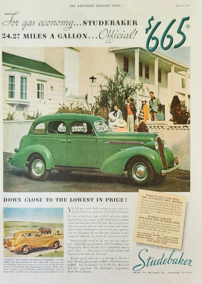 1936 Green Studebaker Car Vintage Ad Down close to the lowest in price - Image 1 of 1