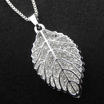 White Gold Tone Clear Crystal Hollow Leaf Pendant Long Chain Necklace - Image 1 of 3