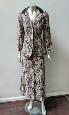 VTG TAPESTRY LAPEL COLLAR JACKET BELTED MIDI MAXI PENCIL SKIRT 2 PC SUIT  M - Image 1 of 4