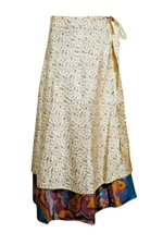 Boho Silk Wrap Skirt 2 Layer Recycled Sari Wrap Cream Print Beach Sarong Dress 