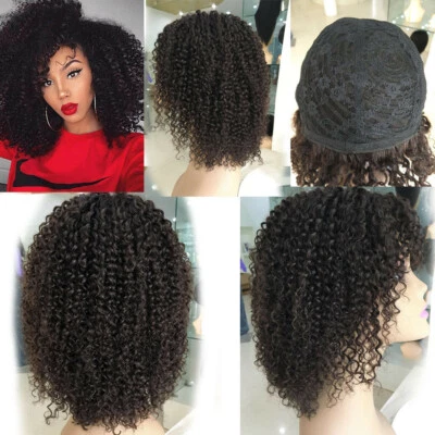 Kinky Curly Wig None Lace Afro Curly Wig with Bangs Brazilian Human Hair Wig 12A - Image 1 of 4