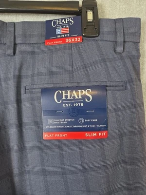 Chaps Slim Fit Blue Plaid Dress Pants Mens 36x32 Flat Front Stretch Comfort NEW - Image 1 of 4