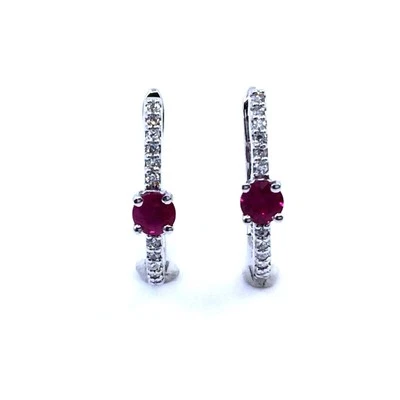 18K White Gold Half Hoop Earrings | Natural Rubies & White Diamonds | Handmade - Image 1 of 4
