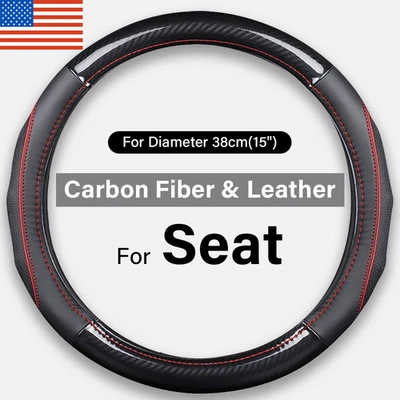 15 inch Round Type Black Carbon Fiber Leather Steering Wheel Cover For Seat Leon Foto 1 de 4