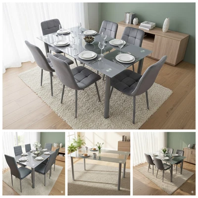 Modern Grey Glass Dining Table Set with 4 Chairs – Faux Leather or Velvet - Image 1 of 4