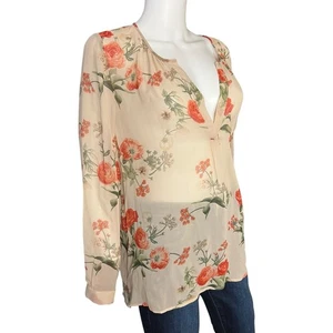 JOIE Beige Coral Silk Floral Sheer Long Sleeve Popover V-Neck Blouse Size L - Picture 1 of 5