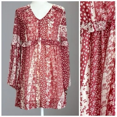 LoveRiche Floral Deep Red and Off White Bell Sleeve Boho Chic Dress Size Small - Image 1 of 4