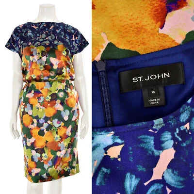 St. John Knits Multi-Color Abstract Floral Silk Charmeuse Blouson Dress sz 10 - Image 1 of 4