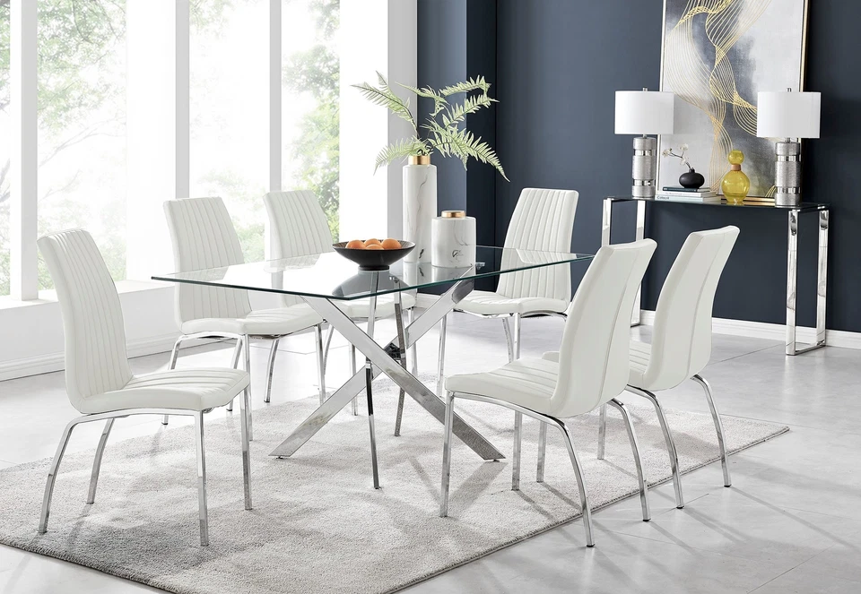 LEONARDO Silver Chrome & Glass Dining Table And 6 Faux Leather Isco Chairs - Image 1 of 1