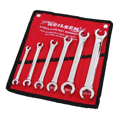 POWERTIME ONLINE 6pc Flare Nut Spanners Set 6-24mm Open Ended Wrenches Air Gas Brake Pipes + Roll