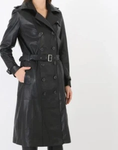 LION004 Original Leather Trench Coat Black Long Coat for Women - Picture 1 of 2