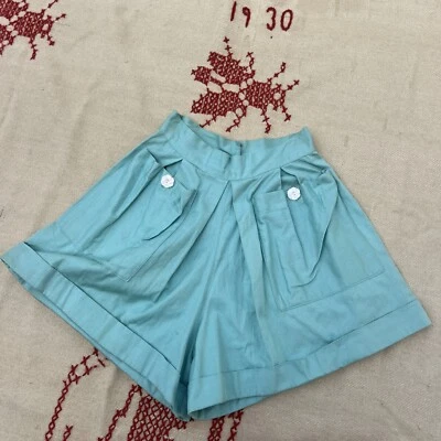 Pantalones Cortos De Colección Años 30 Azul Algodón Bolsillos en la Cadera Botones Flores Ropa Deportiva Separados Foto 1 de 4