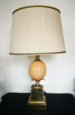 Vintage Magnifique Lampe À Poser "Pied Ananas" Laiton Céramique Métal Doré 62 cm - Photo 1/4