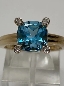 10K Gelbgold Kissenschliff Blautopas und Diamant Krappenring Größe 7 Neu - Bild 1 von 12