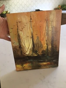 Vintage Gemälde H Smith Schiff Boot MCM braun orange Meer 8x10" Leinwandbild - Bild 1 von 5