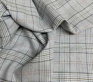 Abraham Moon Suiting Wool Cotton Pale Blue Olive White Red Check Ref 2404/216 - Picture 1 of 3