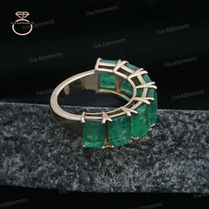 Solid 14k Yellow Gold Half Band Ring Natural Emerald Gemstone Half Eternity Ring - Picture 1 of 8