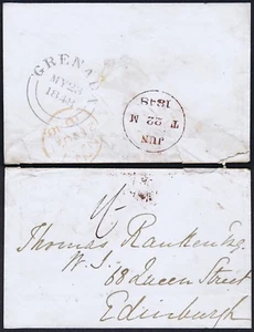 Grenada 1848 envelope used to Edinburgh Superb GRENADA DOUBLE ARC CDS - Picture 1 of 1