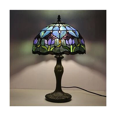 ERRZOM Tiffany Style Table Lamp Stained Glass Lamp Shade Purple Tulip Flower Reading...