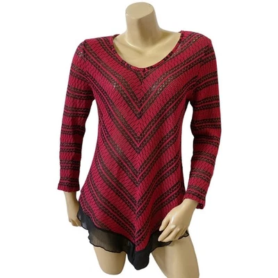 CATO Womens Size Large Sheer Red Black Sweater Knit Long Sleeve Tunic Shirt Top - Image 1 of 4