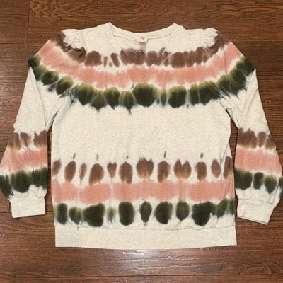 Moletom feminino KNOX ROSE Tie Dye gola V puff ombro listras verdes rosa - Imagem 1 de 4