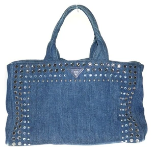 Bolso de Mano PRADA Canapa Cuentas Lona y Denim en Azul Índigo Grande Auténtico Bueno - Imagen 1 de 6