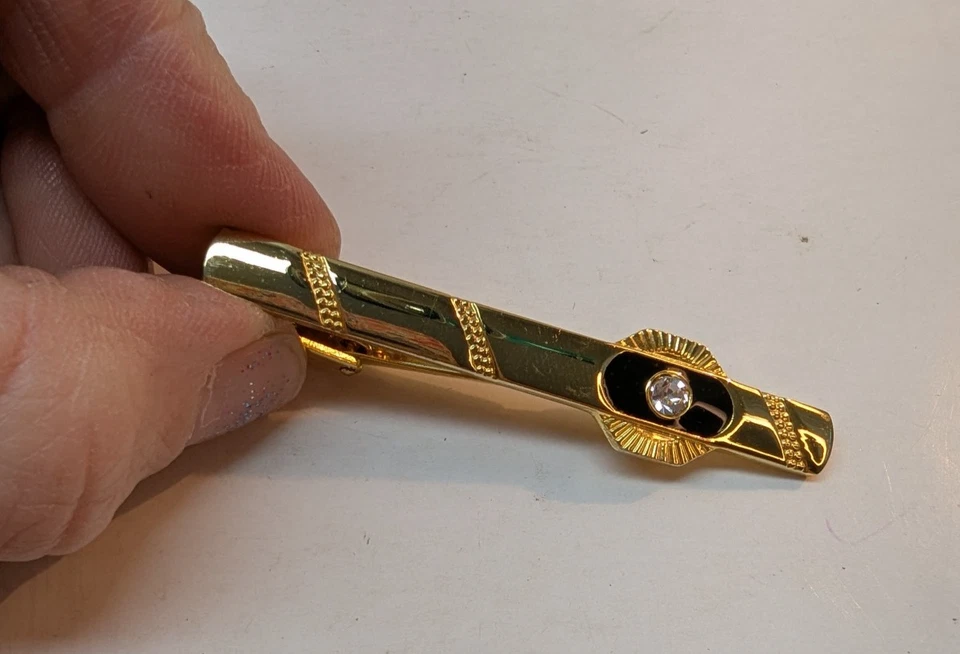 Clip de barra de corbata blanco estrás vidrio diseño fino tono dorado 2,25 pulgadas Foto 1 de 3