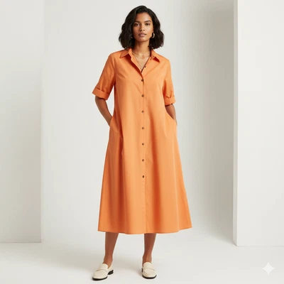 Lafayette Orange Shirt Dress S Cotton Midi Collared Pocket Oversized Preppy Work - Image 1 of 4