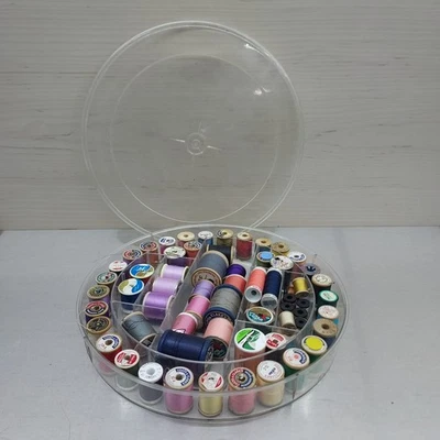 Vintage 56 Spools of Thread & 10 Mini Spools Plastic Holder Wooden Spools - Image 1 of 4