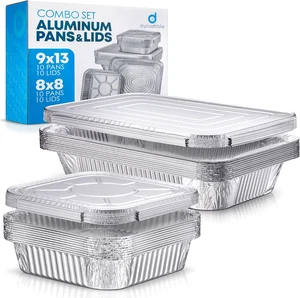 Disposable Aluminum Foil Pans with Lids, 9X13 (10Pc) and 8X8 Square (10Pc) Combo - Picture 1 of 12