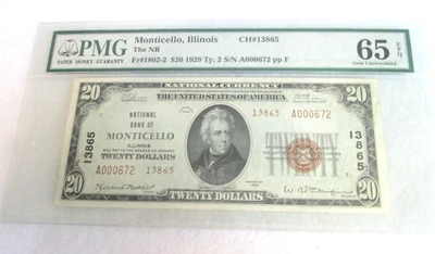 Charter#13865, $20, 1929 Type 2, Monticello Illinois, PMG/EPQ 65 - Image 1 of 2