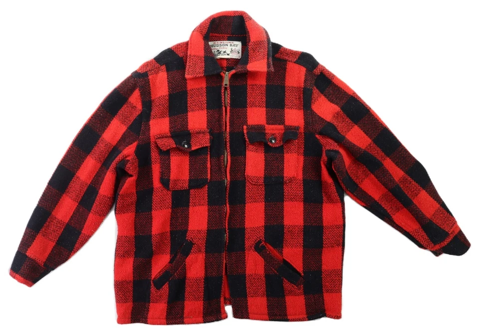 VTG Hudson Bay USA Men’s 44 L Red Plaid Wool Cruiser Sherpa Jacket Shirt - Image 1 of 4