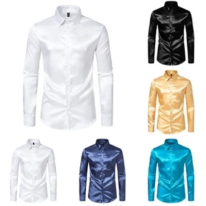 Practical Shirt Casual Cocktail Fashion Satin Silk Slim Fit Button Down - Picture 1 of 25