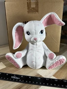 Kimple Mold Bunny Rabbit Figurine Girl Pink Quilted Vintage Hand Painted Ceramic - Picture 1 of 5
